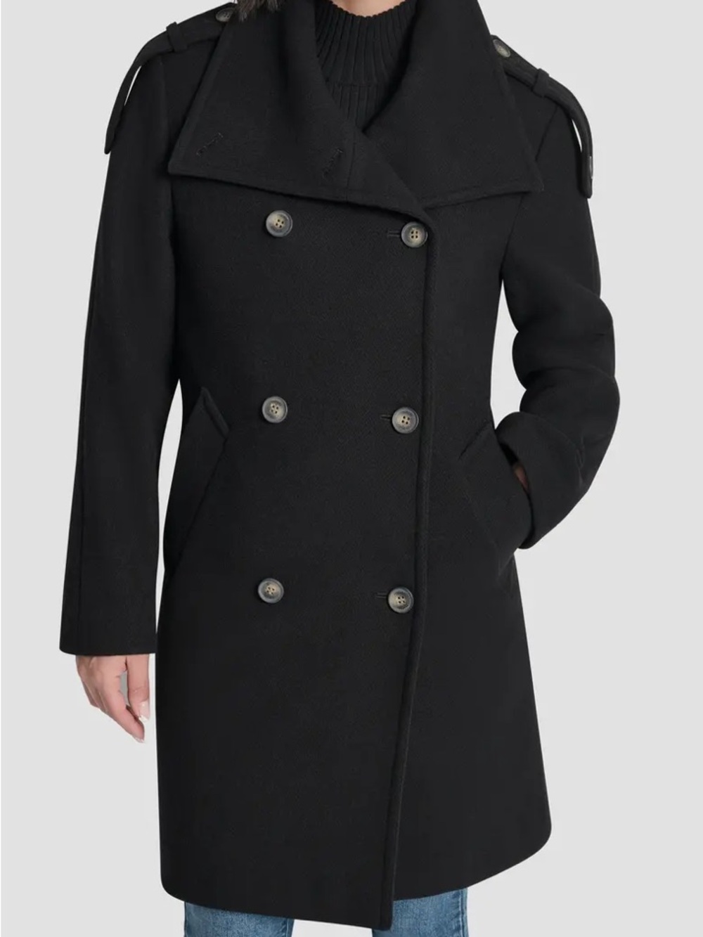 DKNY Black Double-Breasted Wool Blend Peacoat
